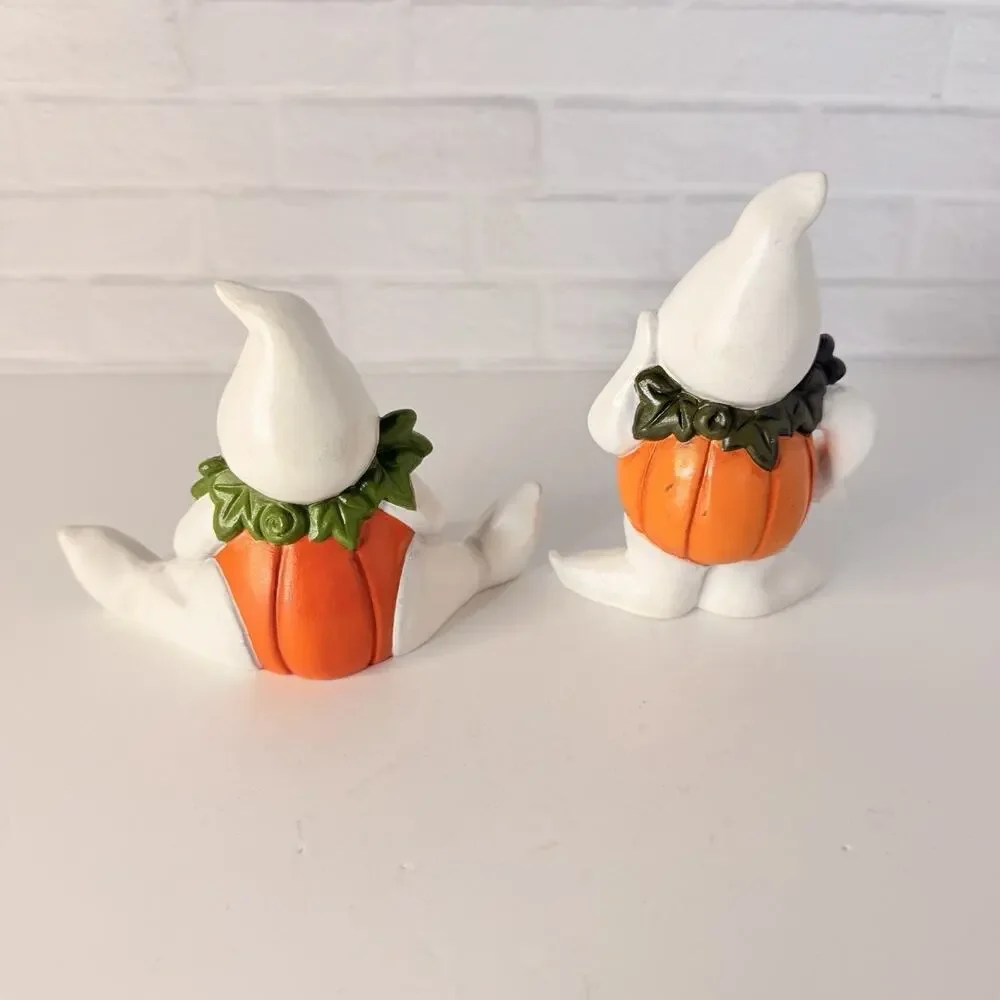 Vtg Ceramic Halloween Ghost Pumpkin Belly Figurine Anthropomorphic Set of 2